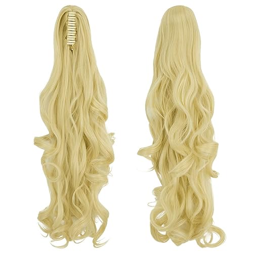 Miniatura 2 de OMGREAT Extensiones de cola de caballo largas con clip, extensiones sintéticas gruesas de 24 pulgadas para mujer, con garra de mandíbula, rubio