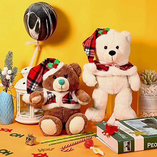 Skylety Christmas Bear Plush Cute Stuffed Animals Soft Pp Cotton Plush Toy Wearing Red Check Vest Cloak Christmas Hat For Girlfriend Wife Girl Women, White, Brown (8.7 Inch) #TOP7