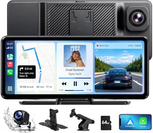 LAMTTO Wireless CarPlay Android Auto Display mit Dashcam 2,5K+1080P, Tragbares 6,86 Zoll HD Touchscreen Car Play Bildschirm mit Sprachassistenz Navigation Bluetooth FM AUX 64GB Kar