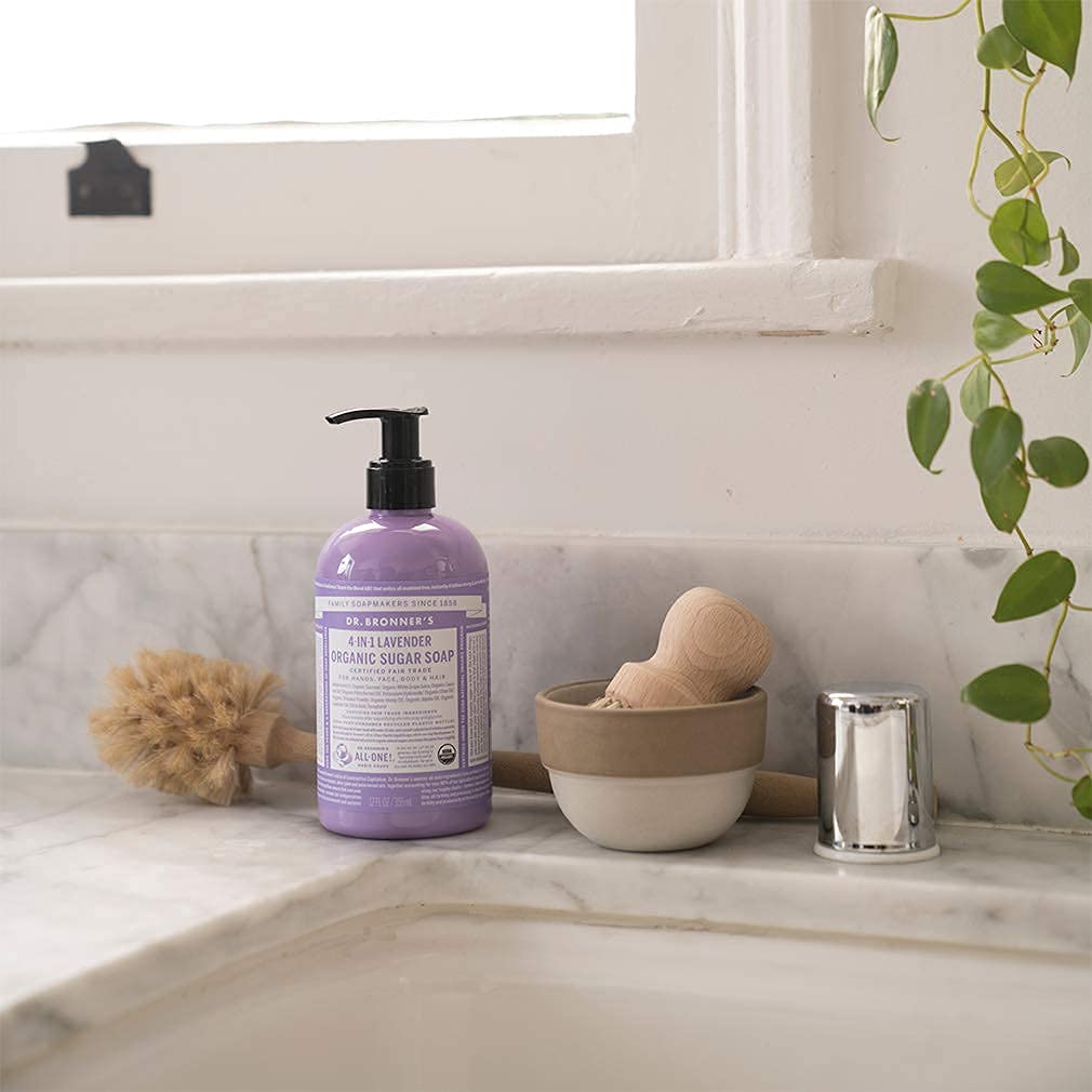 Dr. Bronner's - Organic Sugar Soap (Lavender, 12 Ounce) - Made with Organic Oils, Sugar and Shikakai Powder, 4-in-1 Uses: Hands, Body, Face and Hair, Cleanses, Moisturizes and Nourishes, Vegan