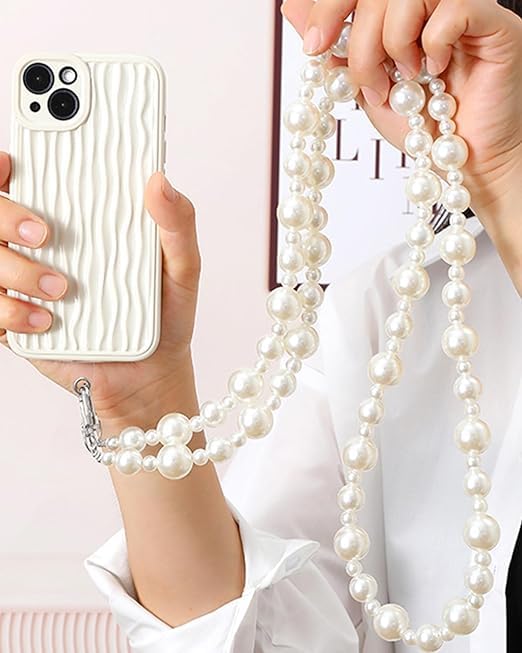 Image of KHOLAD White Bow Phone Chain Crossbody Pearl Strap | 2in1 Wrist & Shouler Crossbody Lanyard | Pearl Beads Charms Chain with Phone Tether Patches | Compatible with Most Phones, Bag, Purse