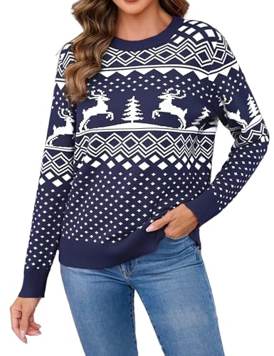 Jahetuul Weihnachtspullover Damen Christmas Sweater Lustiger Rentier Schneeflocken Strickpullover Weihnachtspulli Weihnachten Weihnachts Familie