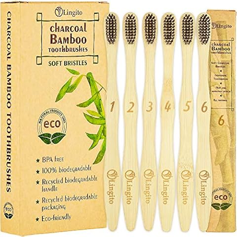 Lingito 6-Pack Natural Charcoal Bamboo Toothbrushes | BPA Free Soft Bristles | Compostable, Eco Friendly, Natural, Organic & Vegan Toothbrush Pack | Individually Packaged & Numbered Active Brushes Cover