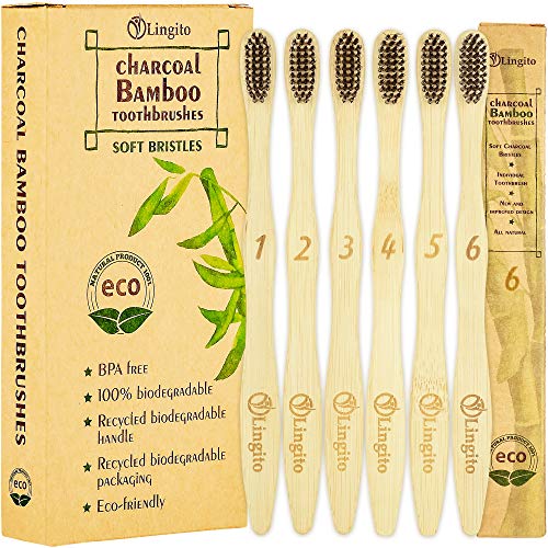 Lingito 6-Pack Natural Charcoal Bamboo Toothbrushes | BPA Free Soft Bristles | Compostable, Eco Friendly, Natural, Organic & Vegan Toothbrush Pack | Individually Packaged & Numbered Active Brushes