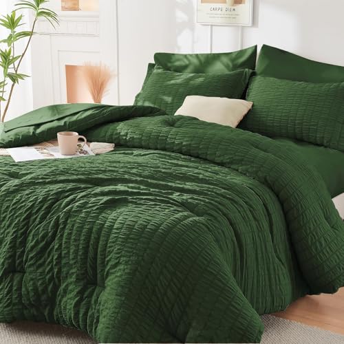 King Comforter Set - 7PCS Bed in a Bag, Seersucker Bedding Set, Dark Green