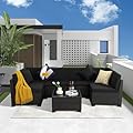 LOUVIXA 7 Piece Outdoor Patio Furniture Set, Outdoor Sectional Furniture, Rattan Chairs Glass Table Wicker Conversation Seating Sectional Sofa with Cushions (A-Black-Black, A-Tilted Back)