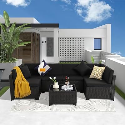 LOUVIXA 7 Piece Outdoor Patio Furniture Set, Outdoor Sectional Furniture, Rattan Chairs Glass Table Wicker Conversation Seating Sectional Sofa with Cushions (A-Black-Black, A-Tilted Back)