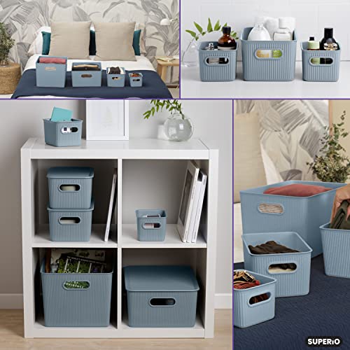 Superio Ribbed Collection - Decorative Plastic Lidded Home Storage Bins Organizer Baskets, Medium Blue (2 Pack - 5 Liter) Stackable Container Box, For Organizing Closet Shelves Drawer Shelf #TOP5