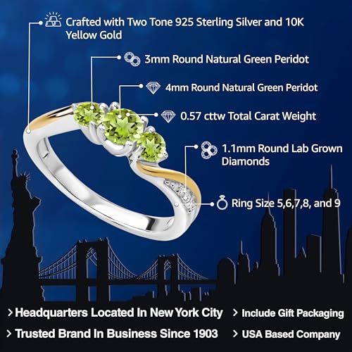925 Sterling Silver and 10K Yellow Gold Green Peridot and White Lab Grown Diamond 3 Stone Engagement Ring For Women (0.57 Cttw, Gemstone August Birthstone, Available In Size 5, 6, 7, 8, 9)2
