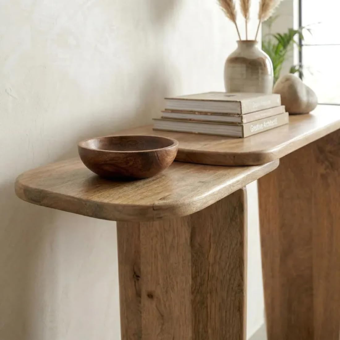 Wooden Expert Dual-Tier Console Table Modern Solid Wood for Entryway, Living Room & Hallway | Minimalist Rustic Sofa Table with Rounded Edges