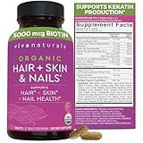 Biotin 5000 mcg Hair Skin Nails Vitamins for Women – Organic and Vegetarian-Friendly Supplement with Vitamin E, B-Vitamins, Spirulina, Horsetail and Superfood Blend to help Produce Keratin –120 Count