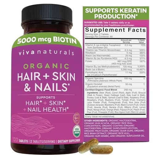 Organic Hair Skin Nails Vitamins for Women - Biotin 5000mcg to Support Normal Hair Growth, Nail Growth and Glowing Skin - 120 Biotin Supplement