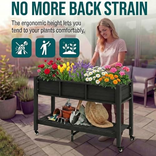 YITAHOME Raised Garden Bed HDPE, 47x18x31In Raised Flower Bed Poly-Wood Weather-Resistant Elevated Planter Box with Lockable Wheels & Storage Shelf for Vegetable Flower, Black by YITAHOME - Image 7