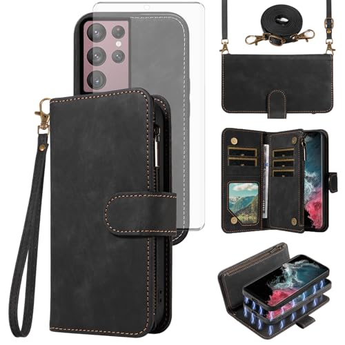 Protection écran verre trempé Samsung S22 Ultra et étui portefeuille zippé