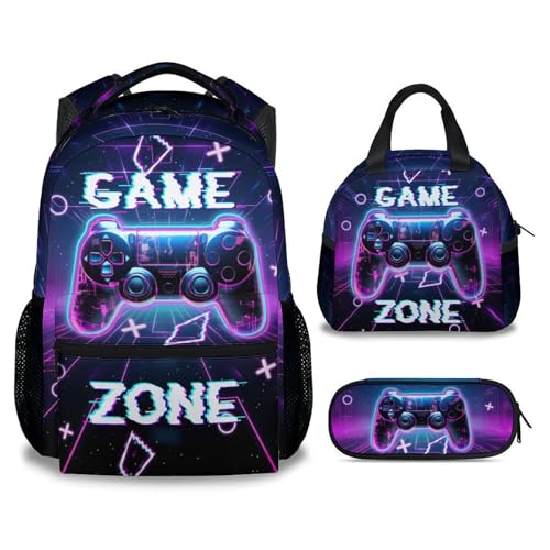 UNIKITTY Backpack for Kids - Gamer Backpack for Boys - Gaming Bookbag with Lunch Box and Pencil Case - 17 Inch Toddler School Bag for Primary Elementary