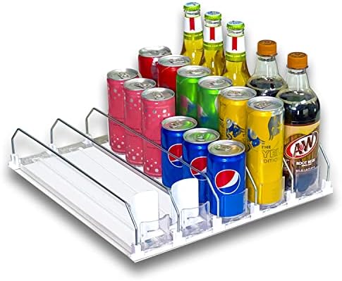 Fully Assembled Drink Beverage Fridge Organizer, Automatic Self-Pusher Glide, Adjustable Width, Soda Can Water Beer Bottle Beverage, 12oz to 20oz, Home Kitchen, Commercial Refrigerator (White)