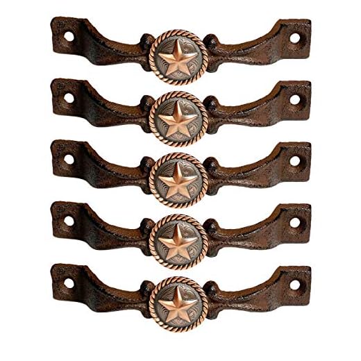 Urbalabs Cast Iron Concho Kitchen Cabinet Handles & Drawer Pulls – Set of 5 – Rustic Western Farmhouse Hardware (5, Braided Bronze Star)