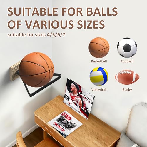 4PCS Basketball Holder Wall Mount with Wooden Base, MYKASEN Ball Storage Holder Display Rack for Basketball Soccer Volleyball, Boys Sports Accessories Organizer for Player Fans Room Decor(Triangle) — view 6