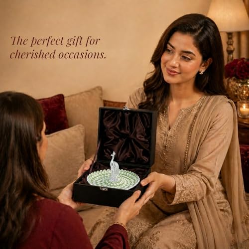 Image of Diviniti German Silver Peacock Decorative Tray | Luxury Home Decor Platter with Green Enamel Feather Design | Premium Dry Fruit & Sweet Serving Tray | Elegant Center Table Decor Gift with Box