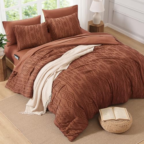 Image of AMBERSPACE King Size Comforter Set Autumn Leaf, Tufted Boho Bedding Farmhouse Bed Set, All Season 7 Pieces Bed in a Bag with Sheets, Pillowcases & Shams