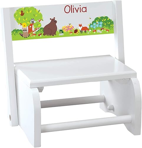 Fox Valley Traders Taburete y silla personalizados 2 en 1 para niños, madera blanca, diseño de animales del bosque con nombre personalizado