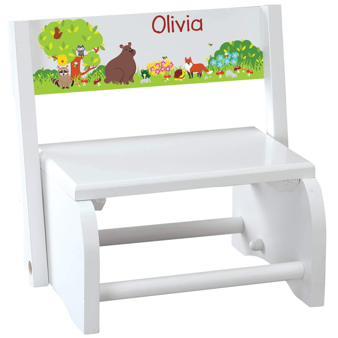 Fox Valley Traders Personalized Children's 2-in-1 Step Stool and Chair, White Wood, Woodland Animals Design with Custom Name