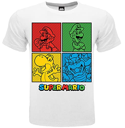 Camiseta de Super Mario Luigi Yoshi Bowser con 4 esferas. Blanco. (FR/ES, Edad, 9 años, 11 años, Regular, Blanco)