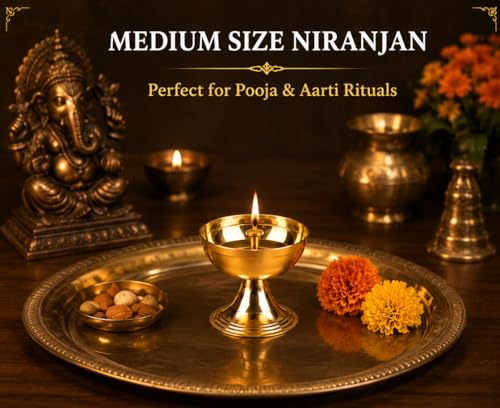 Image of Tia Crafts Akhand Diya Decorative Brass Diya for Pooja Plate, Brass Niranjan Diya, Brass Oil Lamp for Mandir, Daily Pooja & Festivals | Size - Medium