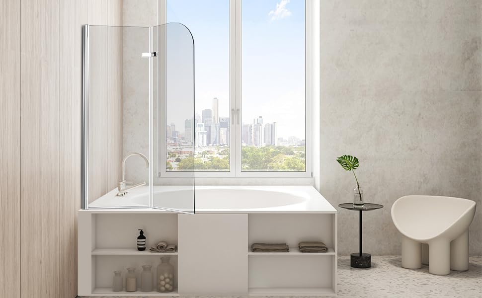 Jiubiaz Duschwand für Badewanne 100x140cm, 2 Teilige Faltbare Glas Duschtrennwand aus 6mm Sicherheitsglas (EGS), Badewannenaufsatz, Silber Transparent