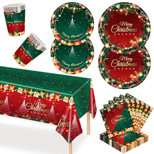Popoyu - Juego de 69 platos de papel de Navidad, 1 mantel de mesa, 16 platos de cena y 16 platos de ensalada, 16 x 250 ml tazas, 20 servilletas, rojo y verde vajilla de fiesta de Navidad