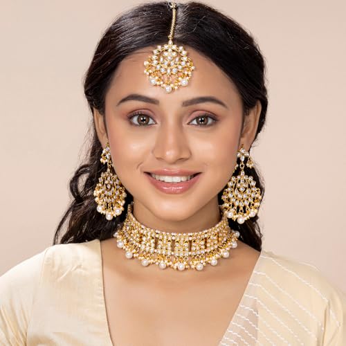 Aheli Elegant Indian Faux Kundan Studded Choker Necklace with Maang Tikka Set Ethnic Wedding Wear Fashion Jewelry Gift for Women3