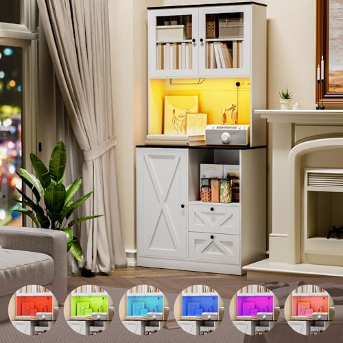 Image of 71''Kitchen Pantry Storage Cabinet with LED Lights and Power Outlet, Tall Farmhouse Kitchen Hutch with Microwave Stand,Globet Hooks and Adjustable Shelf for Dining Living Room,White