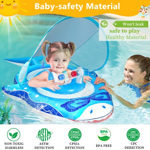 Baby Swimming Pool Float With Removable Canopy Upf50+ Sun Protection,Infant Toddler Floats For Pool With Adjustable Safety Seat,Inflatable Baby Waist Swimming Ring Never Toys Flip Over For 6-24 Months #TOP2