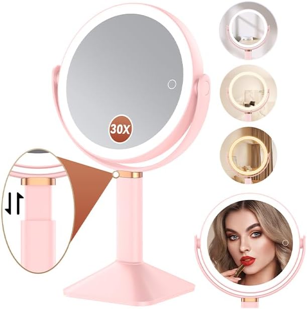 Lighted Makeup Mirror with Lights and Magnification 30X/1X, Height Adjustable 30X Magnifying Vanity Mirror with 4000mAh Battery & 3 Colors Dimming Light for Desktop Bathroom Bedroom (Pink)