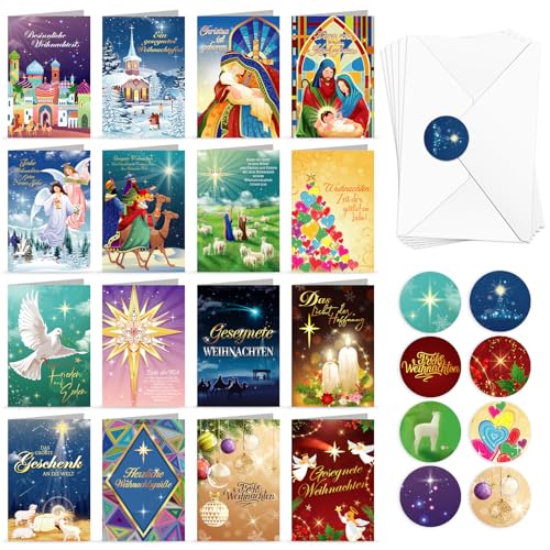 DPKOW 16 Christliche Weihnachtskarten mit Umschlag Aufklebern, Frohe Weihnachten Karten Set...