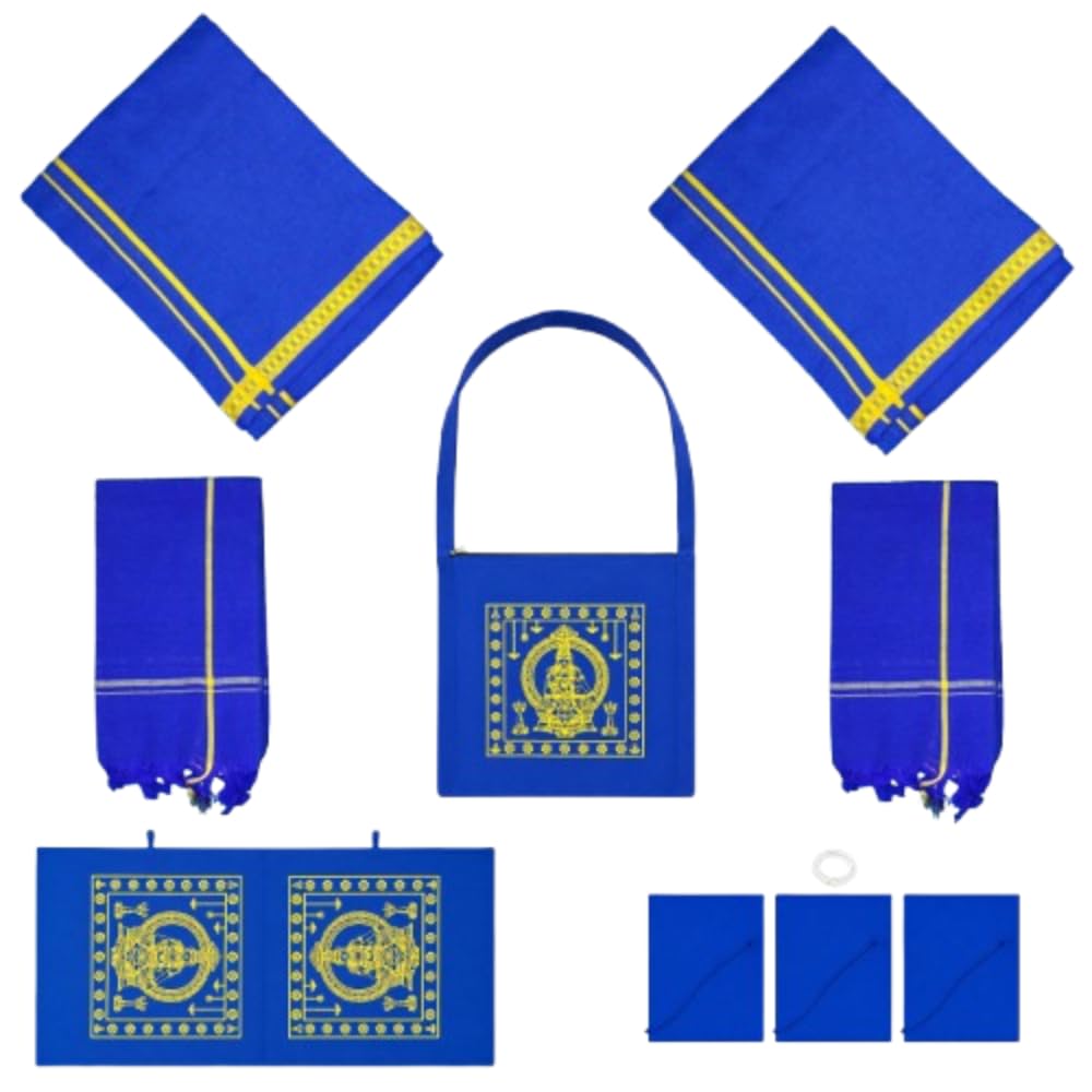 ygm Ayyappa Swamy Sabarimala Pilgrimage Combo Set |10 Pieces Attire & Pooja Kit | 2 Dhotis, 2 Angavastram, 1 Shoulder Bag, Cotton Thick Drill Cloth Irumudi Kattu Bag Complete Set for Samy Ayyappan (Blue)-picture-23