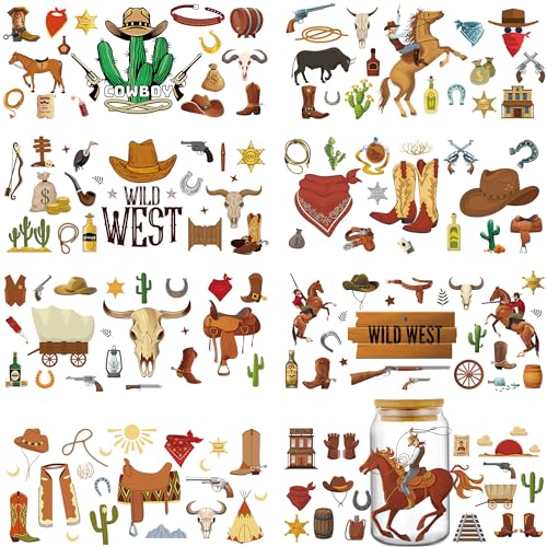 AFRITEE Cowboy UV DTF Cup Wraps - 8 Sheets Wild West Waterproof Rub on DIY UV DTF Transfer Glass Cups Stickers Decals with Hat Boots Horse for 16 OZ Glass Cups Water Bottles Coffee Mugs
