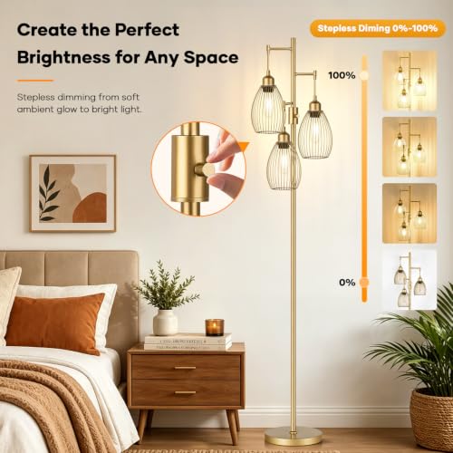 Image of Dimmable Floor Lamp, 3 x 800LM LED Edison Bulbs Included, Farmhouse Industrial Floor Lamp Standing Tree Lamp with Elegant Teardrop Cage Head Tall Lamp for Living Room Bedroom Office Dining Room - Gold