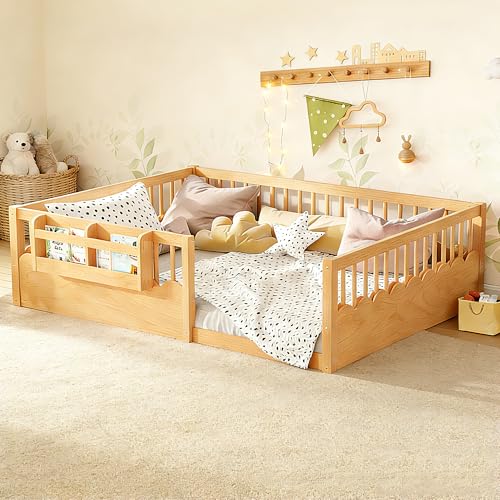 Image of Bellemave Queen Size Kids Montessori Floor Bed,Solid Wood Floor Bed Frame with Bookshelf and High Fence for Kids,Girls,Boys,Natural