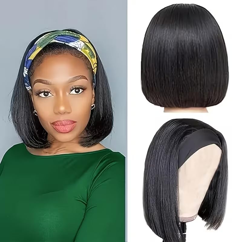 XCHJH Bob 10Inch Headband Wig Human Hair Short Straight Headband Bob Wigs Glueless Wear and Go No Lace Machine Made Headband Wigs for Black Women