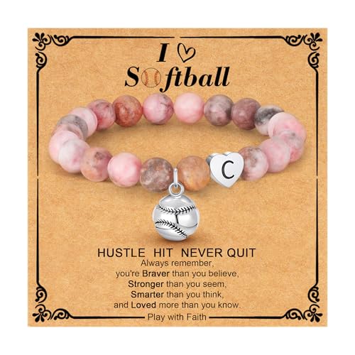 C-leen Softball Gifts for Girls - Natural Beads Initial Letter C Bracelet Sports Accessories Stuff Softball Gifts for Teen Girls Kids