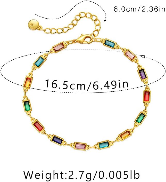Dainty Rectangular Colorful Rhinestones Glass Chain Link Bracelet for Women Gold Minimalist Handmade Geometric Multicolor Rainbow Diamond Adjustable Bracelets Trendy Jewelry for Her - Image 2