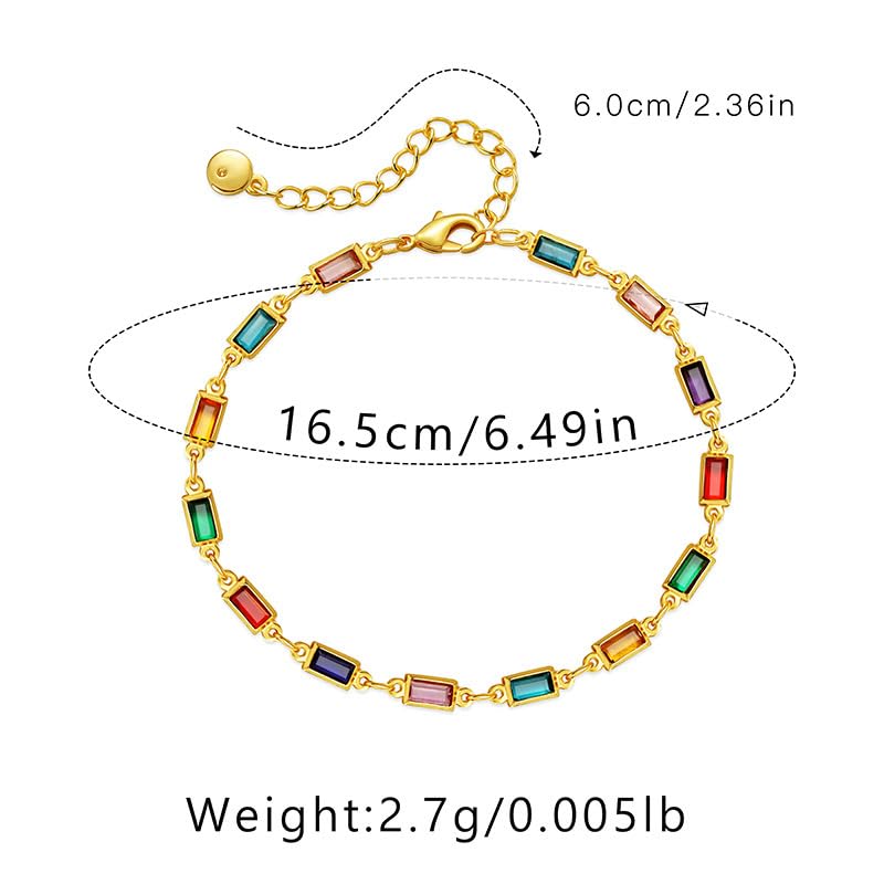 Dainty Rectangular Colorful Rhinestones Glass Chain Link Bracelet for Women Gold Minimalist Handmade Geometric Multicolor Rainbow Diamond Adjustable Bracelets Trendy Jewelry for Her2
