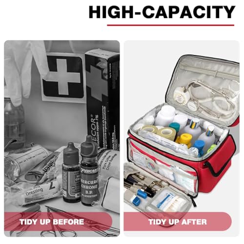 Image of HANNEA Travel Medicine Organizer Empty Emergency Medicine Pouch Waterproof Oxford Fabric First Aid Kit with Handle Multi-Section Medical Box for Home, Car, Business, and Travel Use, 29x18x16cm