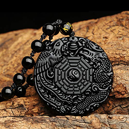 Natural Obsidian Dragon & Phoenix Necklace Black Gemstone Yin Yang Protection Pendant With Adjustable Bead Chain Chinese Lucky Talisman Amulet Crystal Necklace Jewelry Gifts For Men Women #TOP2