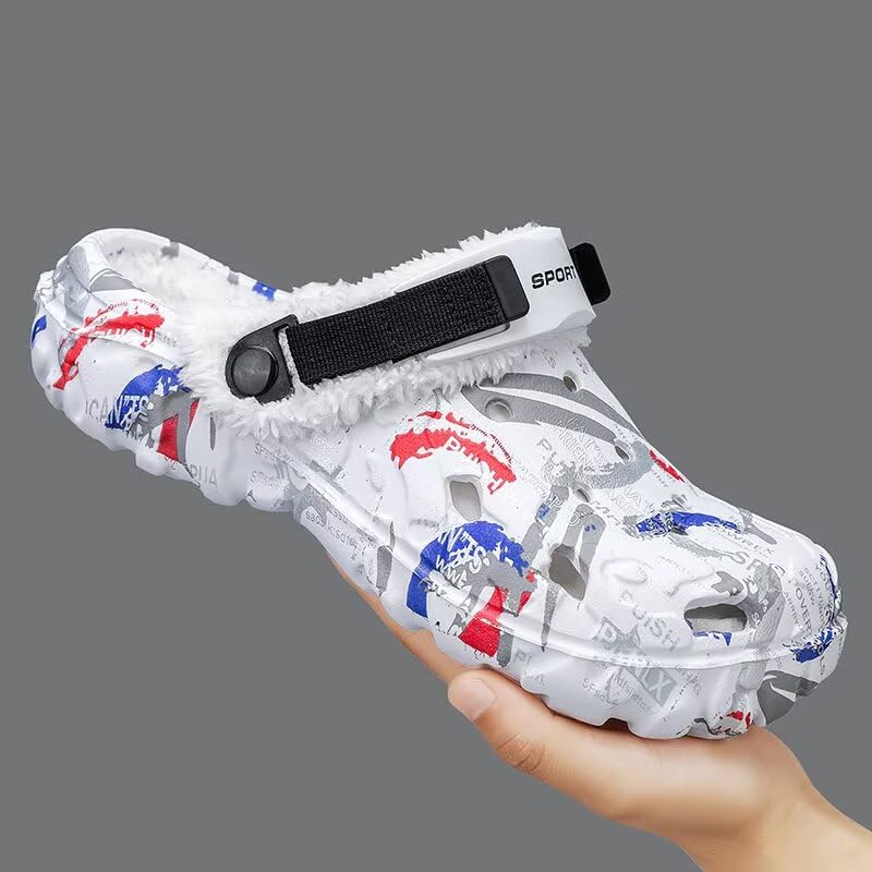 Image of Men's Graphic Fuzzy Lined Clogs Winter Slip On Shoes