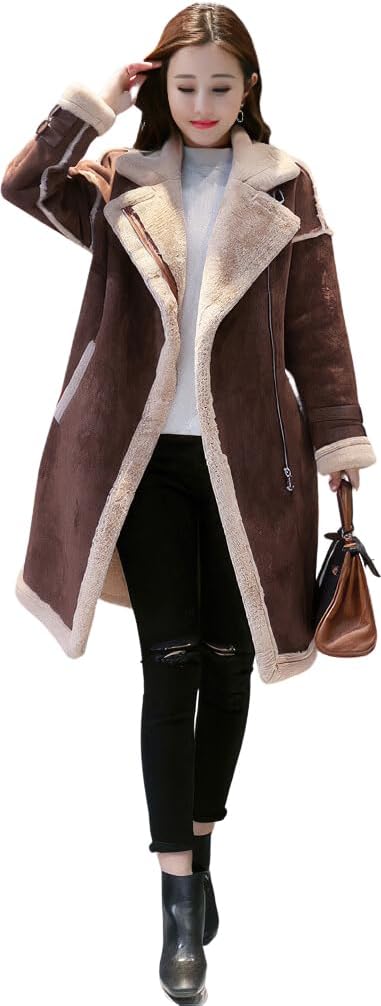 Women’s Brown Genuine Suede Sherpa Shearling Faux Fur Lined Double Breasted Warm Thick Long Winter Fashion Leather Coat