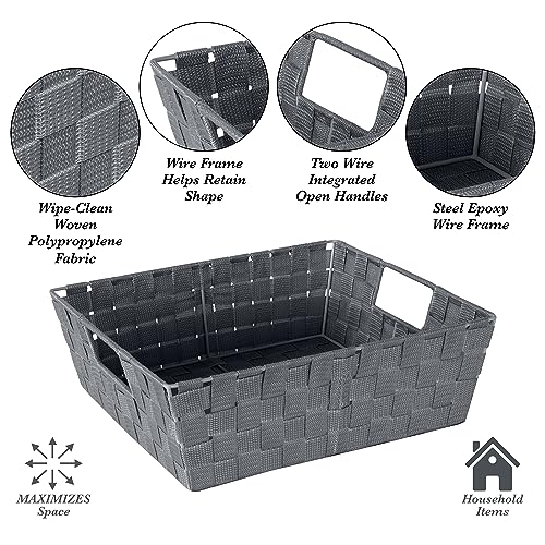 Image of Simplify Large Shelf Woven Strap Tote | Decorative Storage Basket | Built in Handles | Organization | Closet | Bedroom | Bathroom | Nursery | Accessories | Toys | Gifts | 4 Pack | Grey