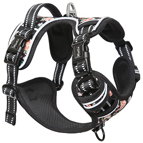 HEELE No-Pull Hundegeschirr, Brustgeschirr für Mittelgroße Hunde, Weich Atmungsaktiv Einstellbar Reflektierend Hundegeschirr Anti Zug mit Gepolstert Griff, Blume-Schwarz, L