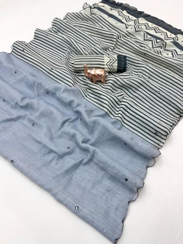 Image of Linen Cotton Saree with Black Mirror Work | New